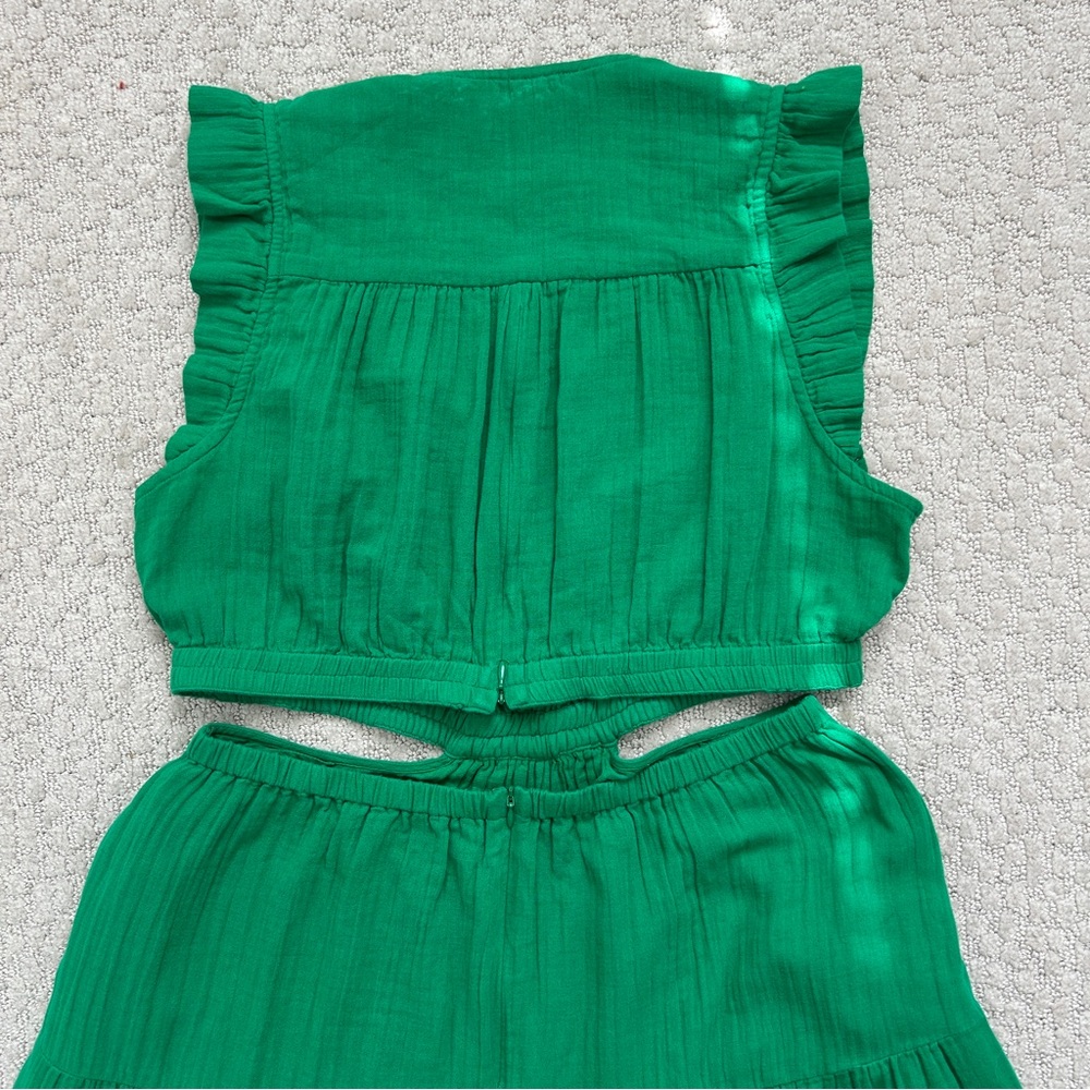 Me + Em Dress 12 Maxi Cheesecloth Cut Out Pockets Tiered Sleeveless Ruffle Green - Picture 8 of 15